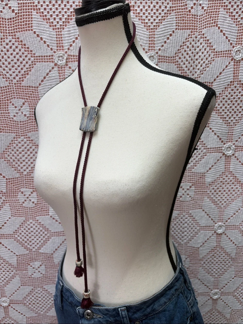 Vintage Ceramic Slide Tassel Necklace Boho Cord Necklace - Picture 6 of 8